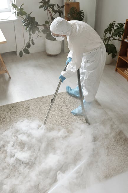 A person dressed in white protective clothing, including a full-body suit, mask, gloves, and shoe covers, is performing deep cleaning or sanitisation on a light-colored carpet in a bright, modern living room. The individual is using a steam or cleaning machine with a long metal wand to apply cleaning solution or steam, which is visible as white vapour on the carpet. The room features natural light coming through large windows, with green houseplants on either side, a wooden side table, and a minimalist aesthetic. The cleanliness of the carpet suggests professional cleaning or stain removal, aligning with surface cleaning methods promoted by Chiswick Carpet Cleaning. The overall setting indicates a focus on hygiene, surface maintenance, and professional domestic cleaning services.
